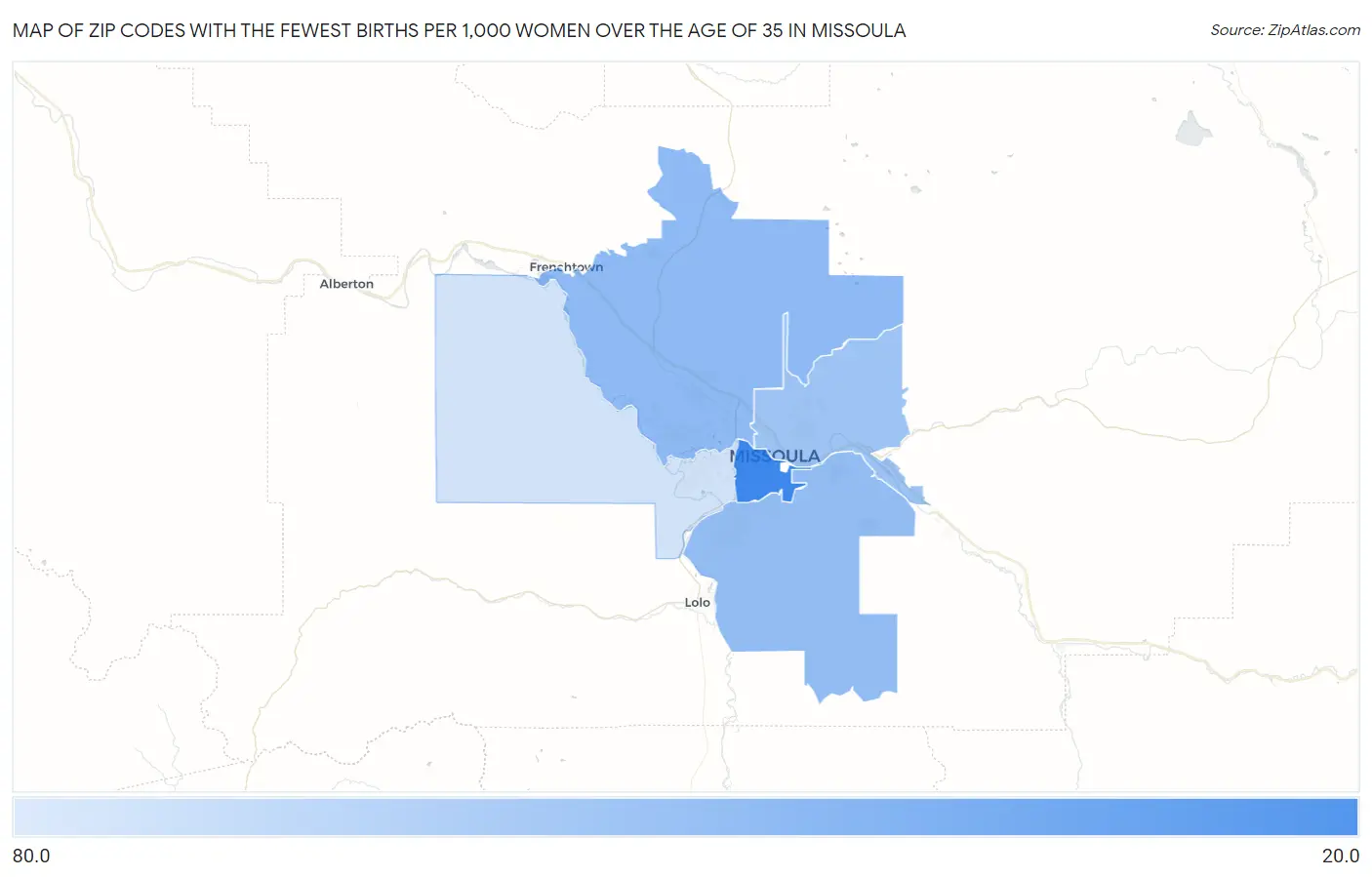 Zip Codes with the Fewest Births per 1,000 Women Over the Age of 35 in Missoula Map