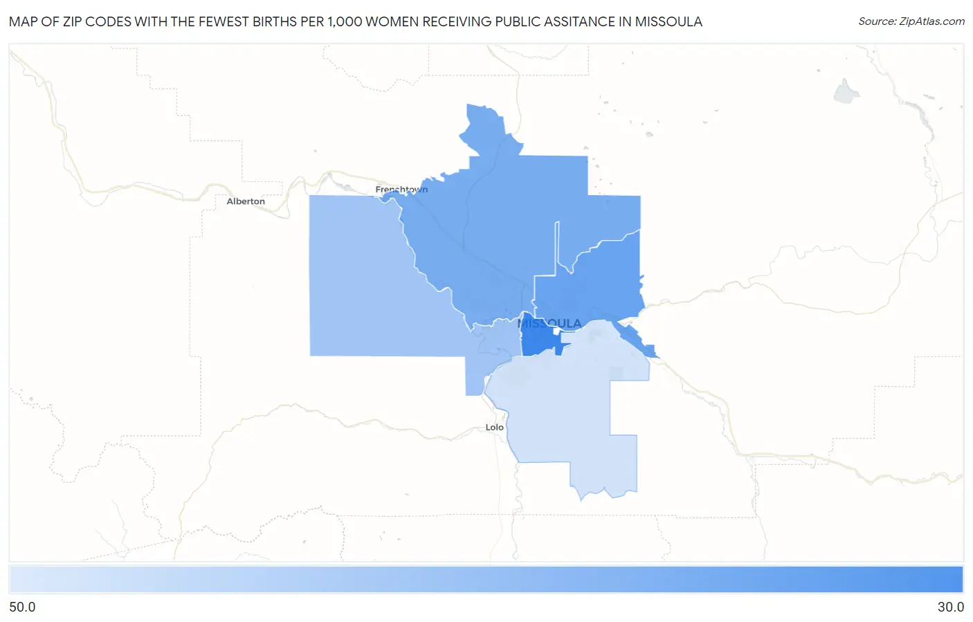 Zip Codes with the Fewest Births per 1,000 Women Receiving Public Assitance in Missoula Map