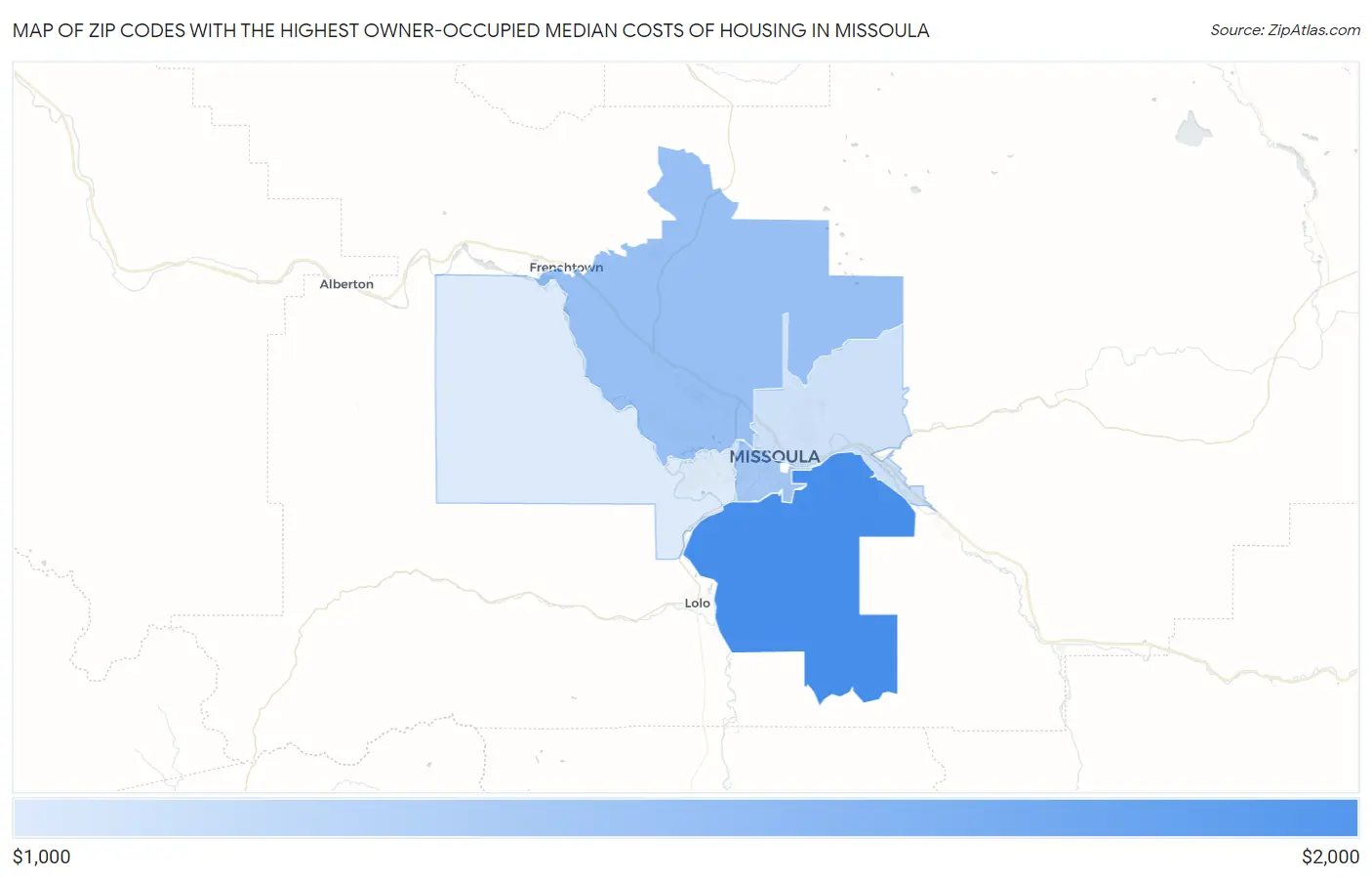 Zip Codes with the Highest Owner-Occupied Median Costs of Housing in Missoula Map