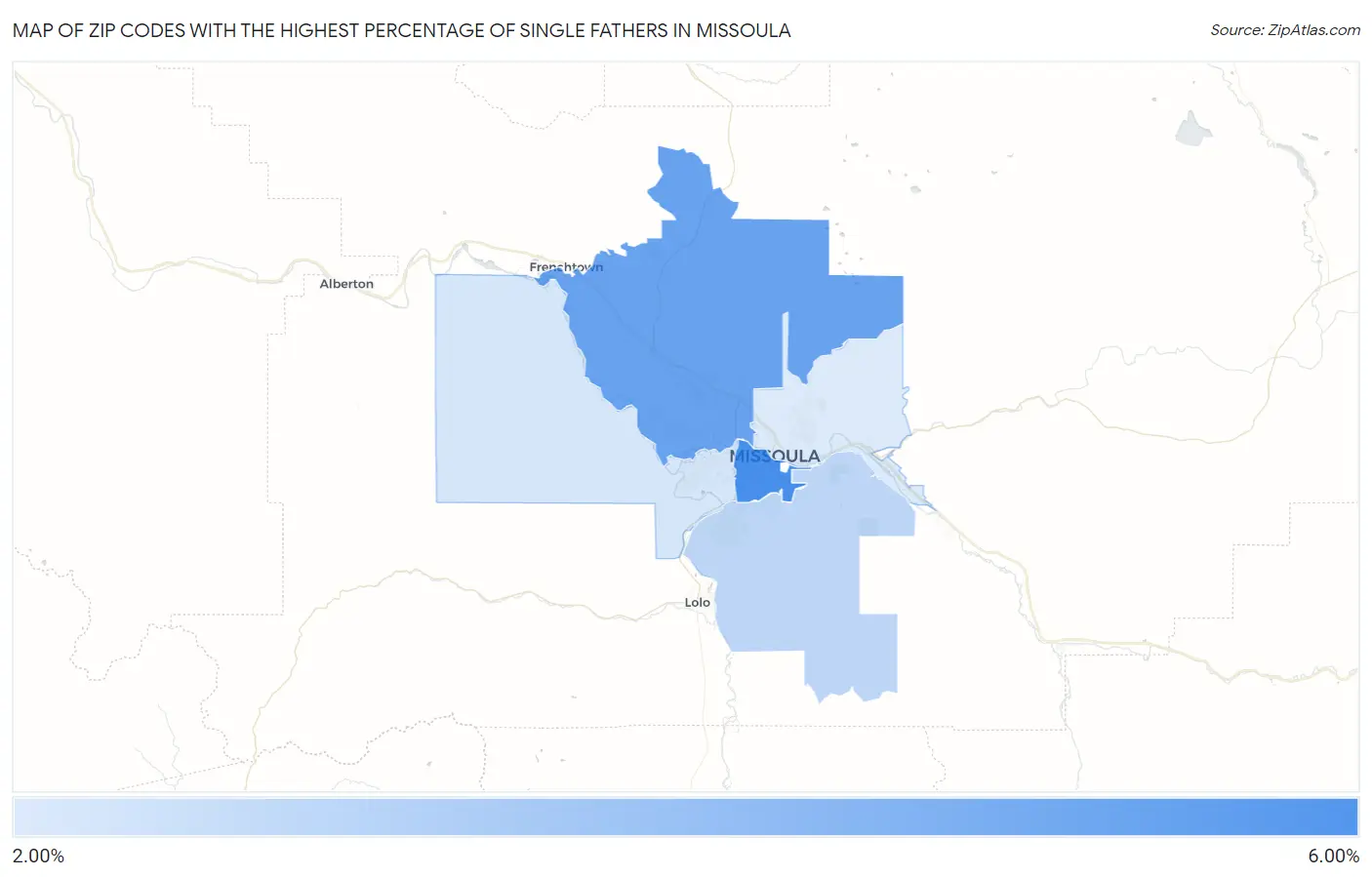 Zip Codes with the Highest Percentage of Single Fathers in Missoula Map