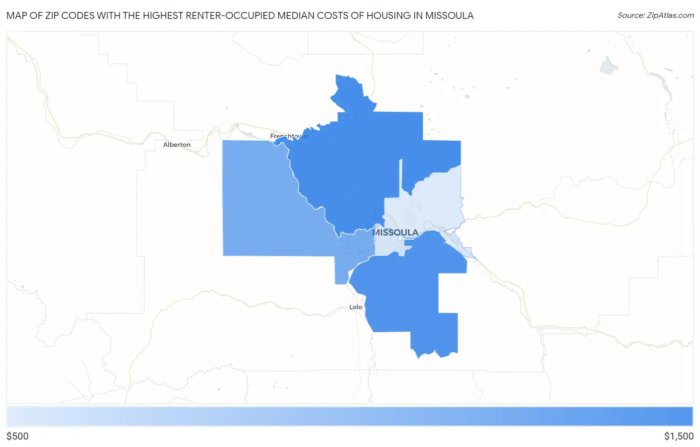 Zip Codes with the Highest Renter-Occupied Median Costs of Housing in Missoula Map