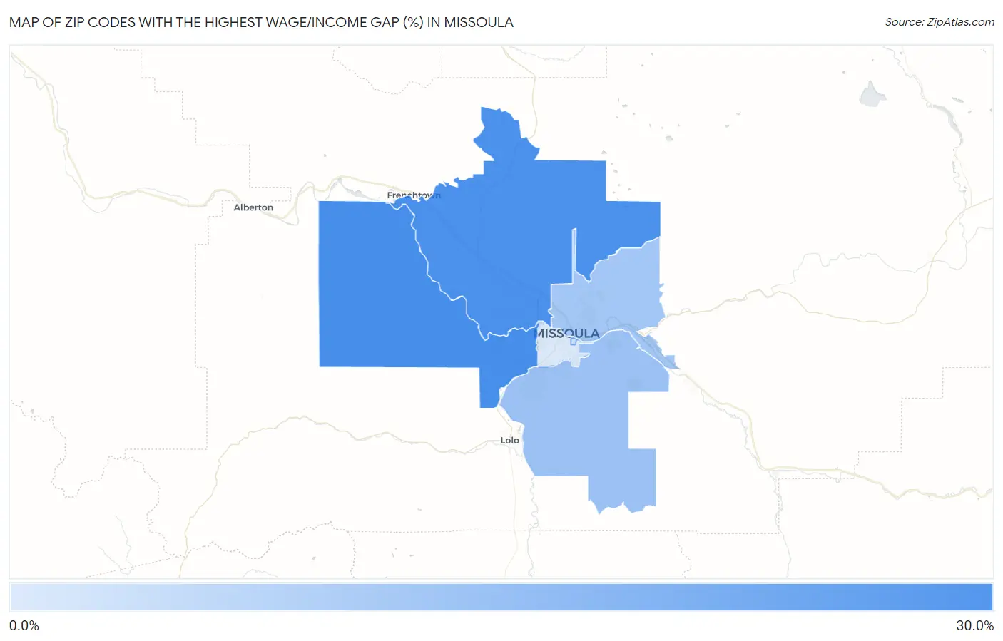 Zip Codes with the Highest Wage/Income Gap (%) in Missoula Map