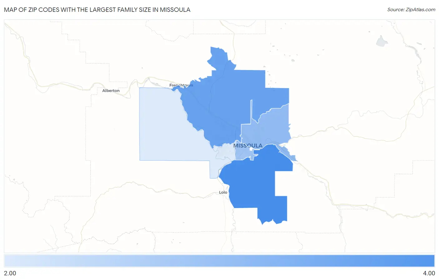 Zip Codes with the Largest Family Size in Missoula Map