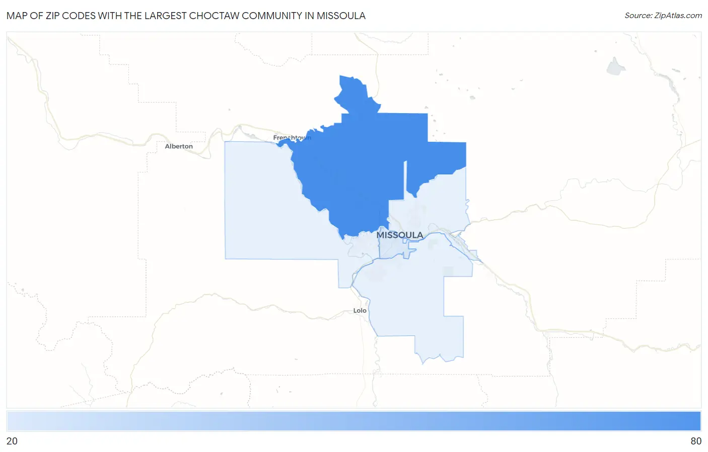 Zip Codes with the Largest Choctaw Community in Missoula Map