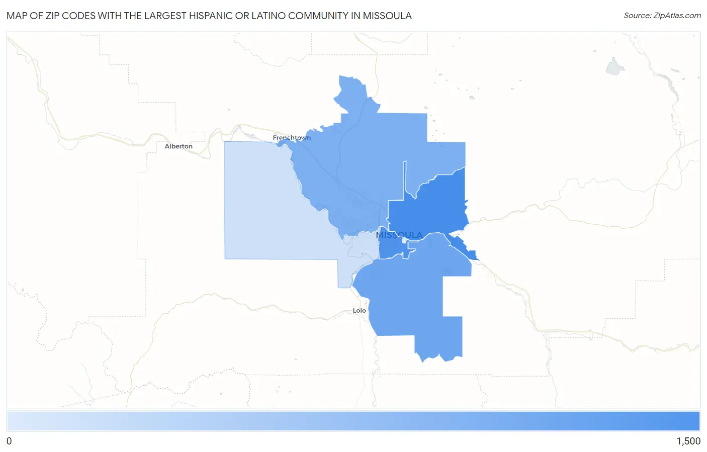 Zip Codes with the Largest Hispanic or Latino Community in Missoula Map