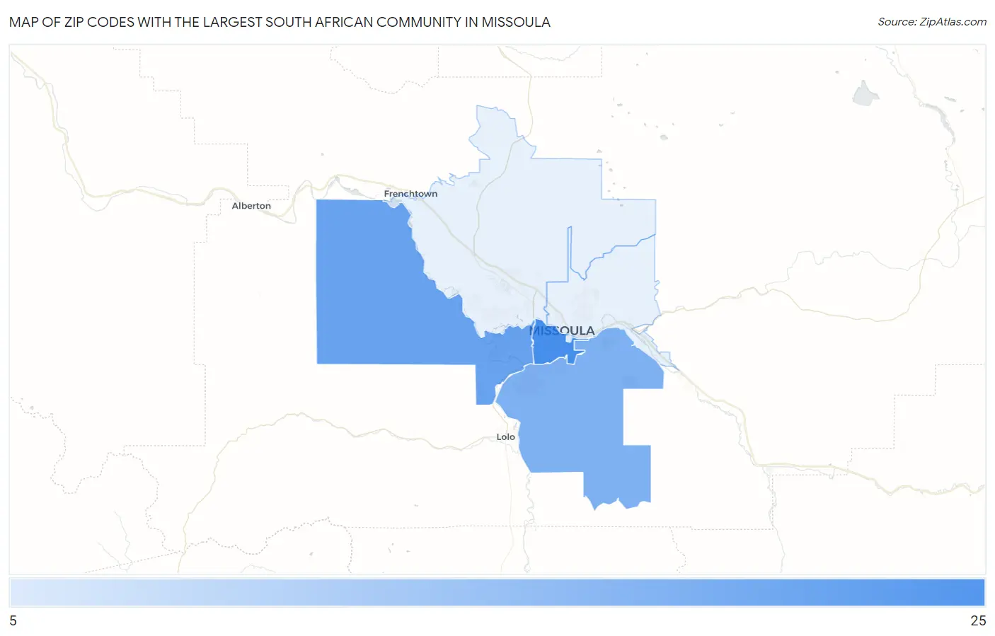 Zip Codes with the Largest South African Community in Missoula Map