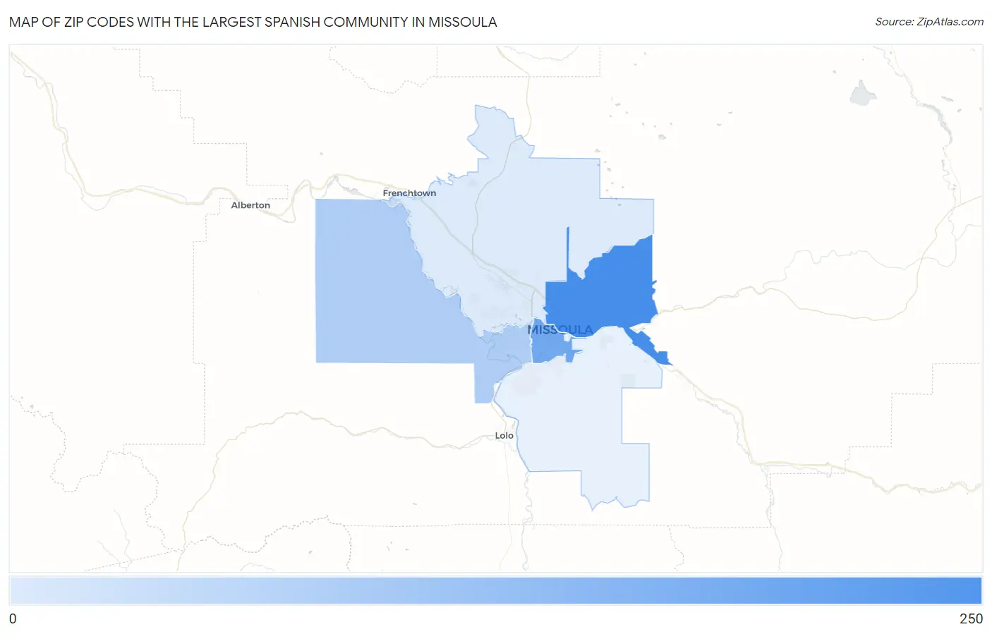 Zip Codes with the Largest Spanish Community in Missoula Map