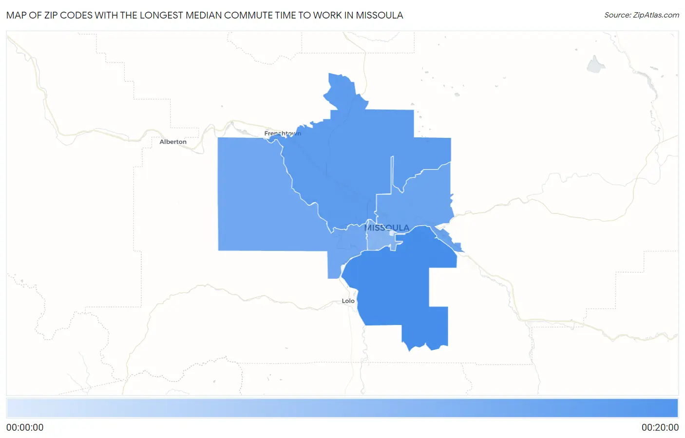 Zip Codes with the Longest Median Commute Time to Work in Missoula Map