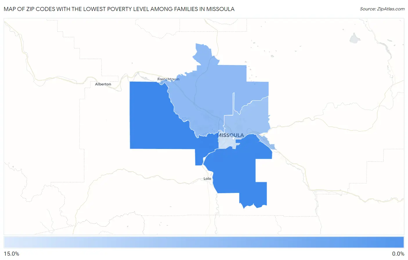 Zip Codes with the Lowest Poverty Level Among Families in Missoula Map