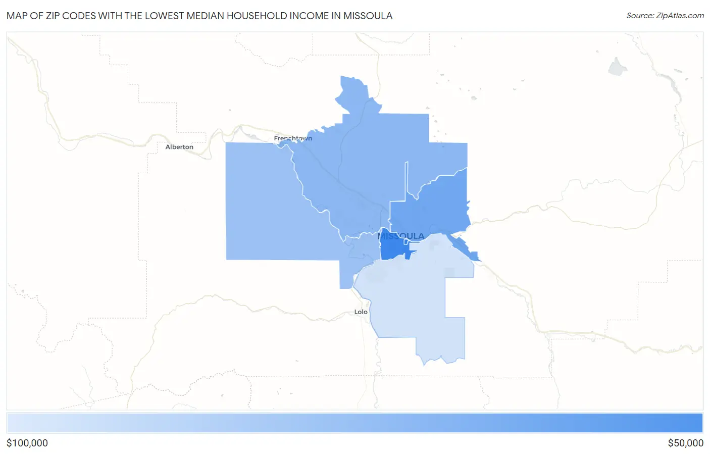Zip Codes with the Lowest Median Household Income in Missoula Map