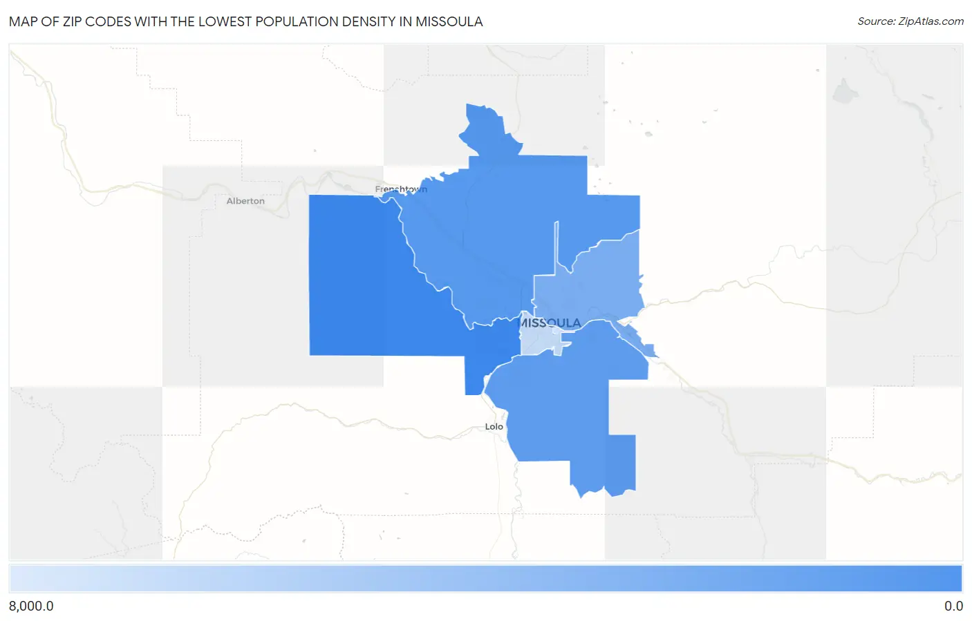 Zip Codes with the Lowest Population Density in Missoula Map