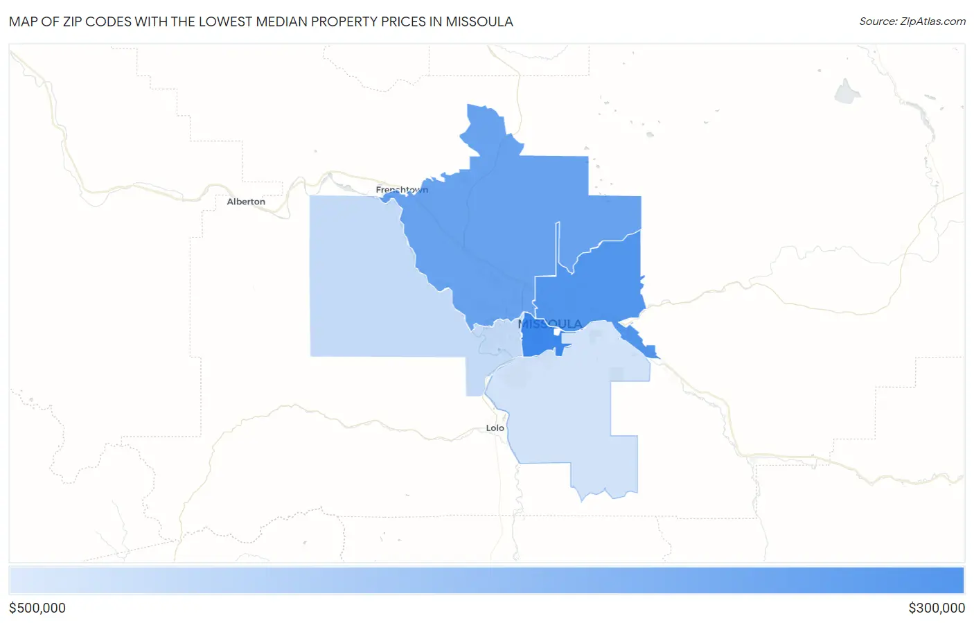 Zip Codes with the Lowest Median Property Prices in Missoula Map