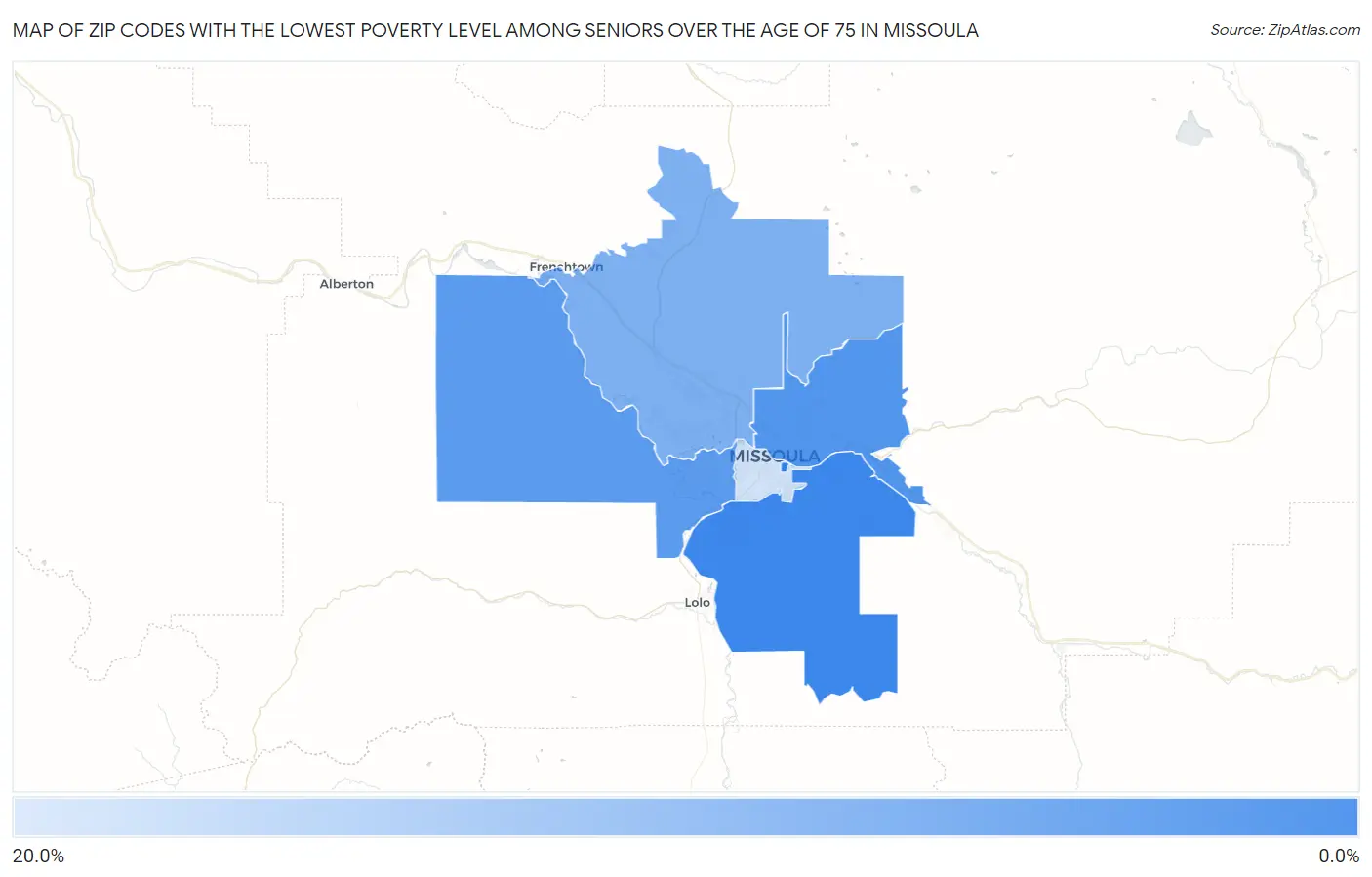 Zip Codes with the Lowest Poverty Level Among Seniors Over the Age of 75 in Missoula Map