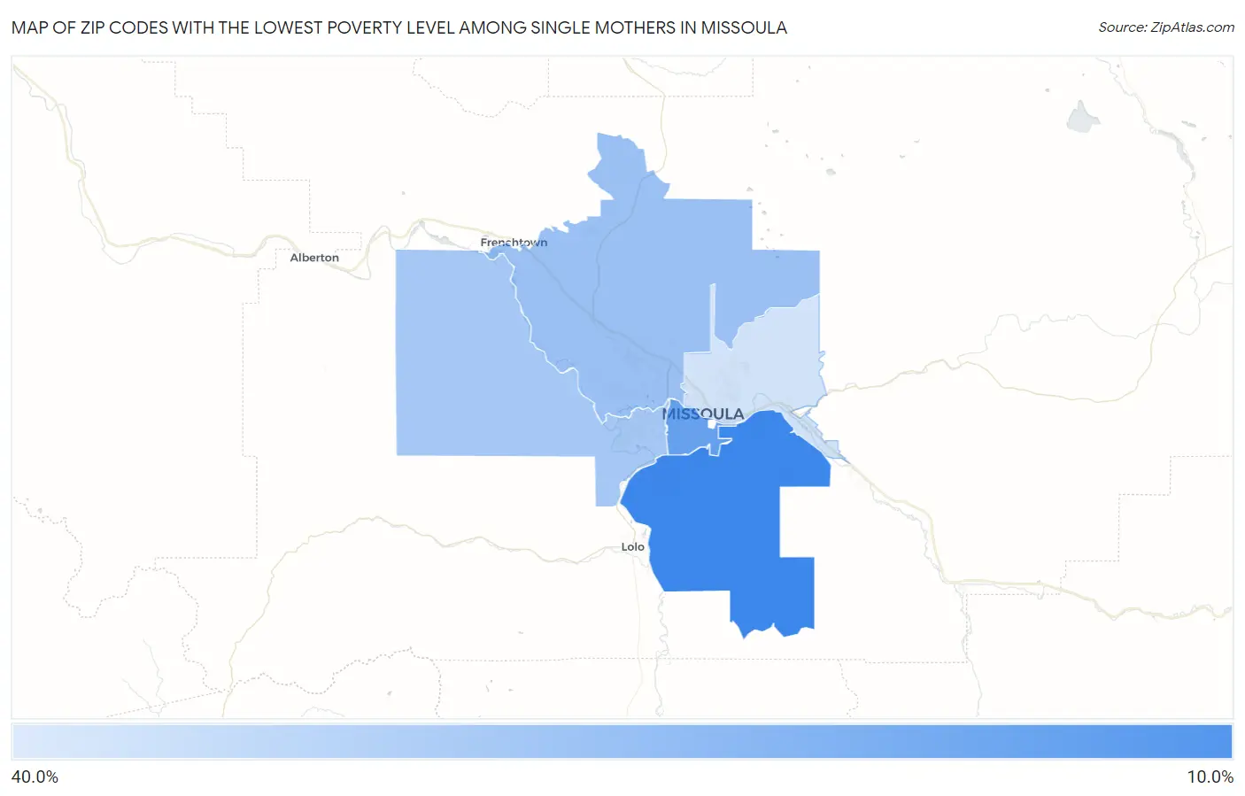 Zip Codes with the Lowest Poverty Level Among Single Mothers in Missoula Map