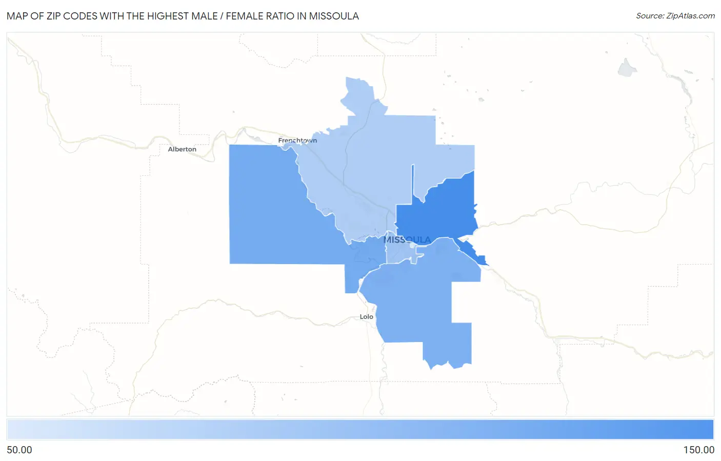 Zip Codes with the Highest Male / Female Ratio in Missoula Map
