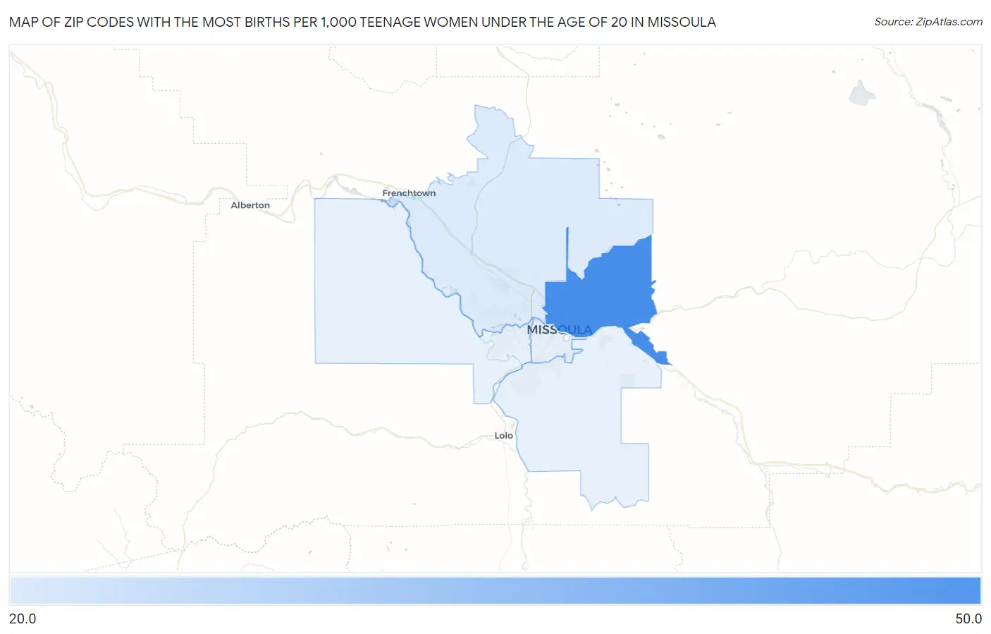 Zip Codes with the Most Births per 1,000 Teenage Women Under the Age of 20 in Missoula Map