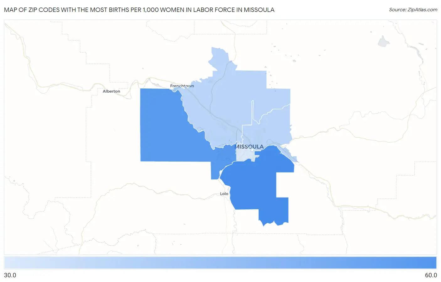 Zip Codes with the Most Births per 1,000 Women in Labor Force in Missoula Map