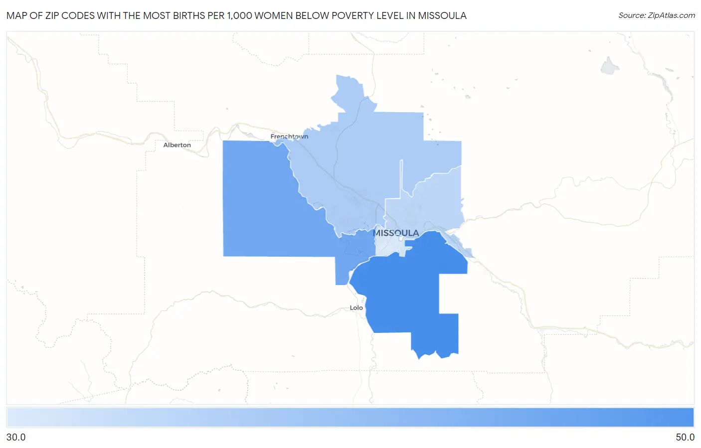 Zip Codes with the Most Births per 1,000 Women Below Poverty Level in Missoula Map