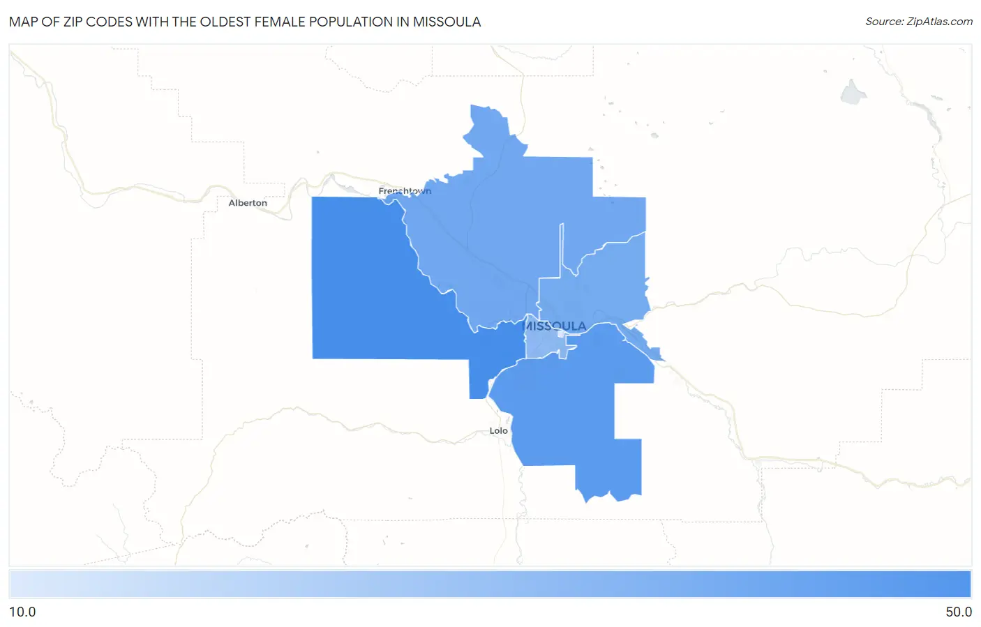 Zip Codes with the Oldest Female Population in Missoula Map