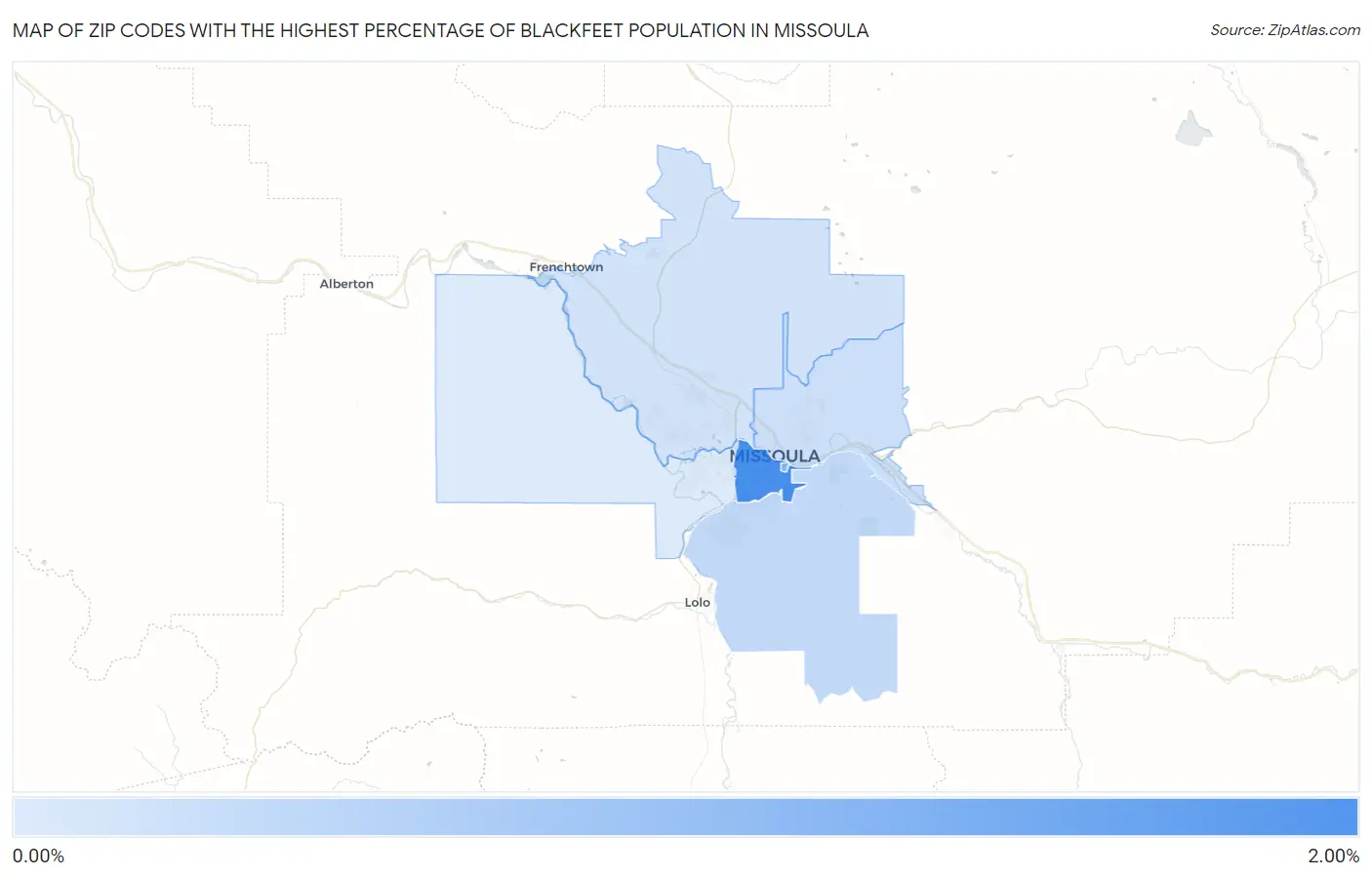 Zip Codes with the Highest Percentage of Blackfeet Population in Missoula Map