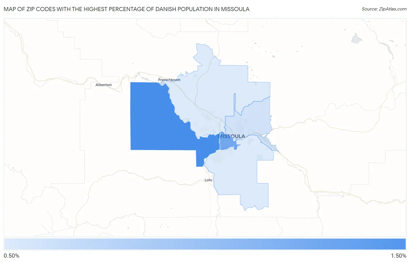 Zip Codes with the Highest Percentage of Danish Population in Missoula Map