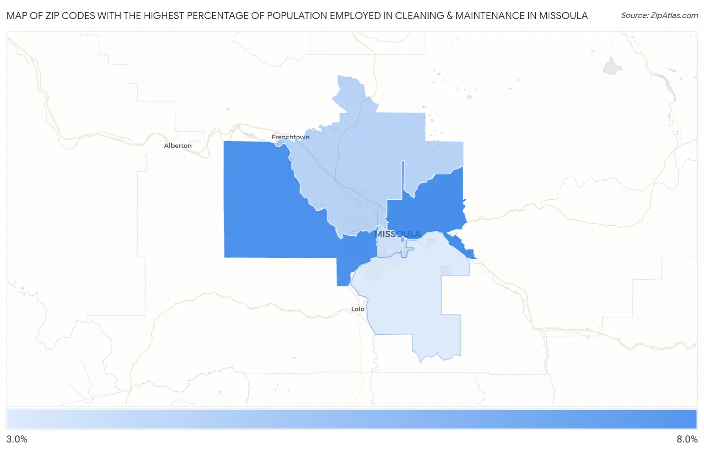 Zip Codes with the Highest Percentage of Population Employed in Cleaning & Maintenance in Missoula Map