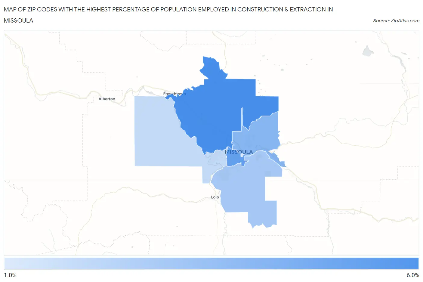 Zip Codes with the Highest Percentage of Population Employed in Construction & Extraction in Missoula Map