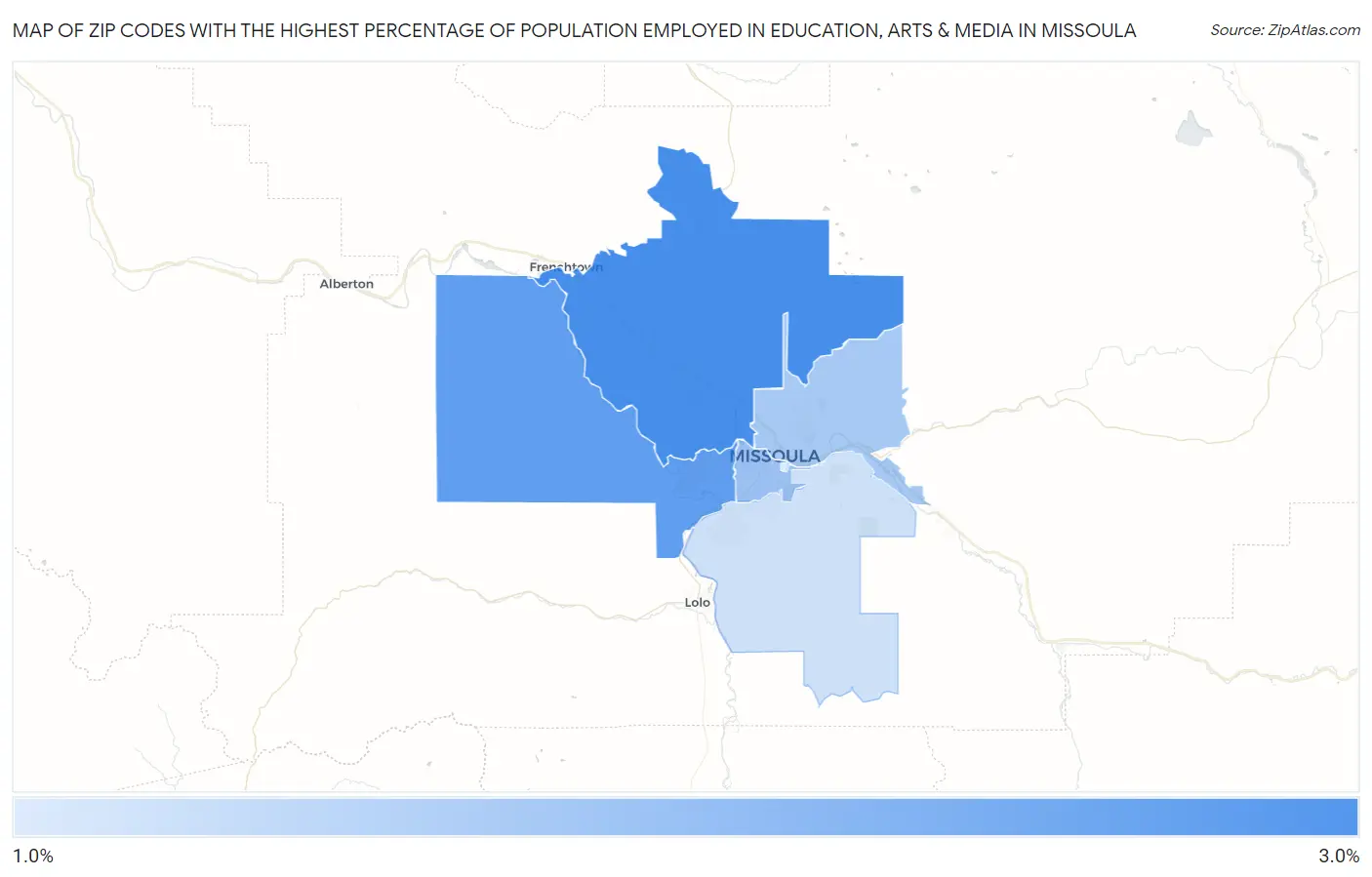 Zip Codes with the Highest Percentage of Population Employed in Education, Arts & Media in Missoula Map