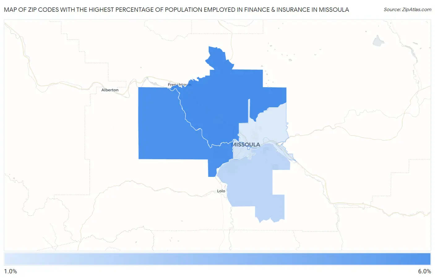 Zip Codes with the Highest Percentage of Population Employed in Finance & Insurance in Missoula Map