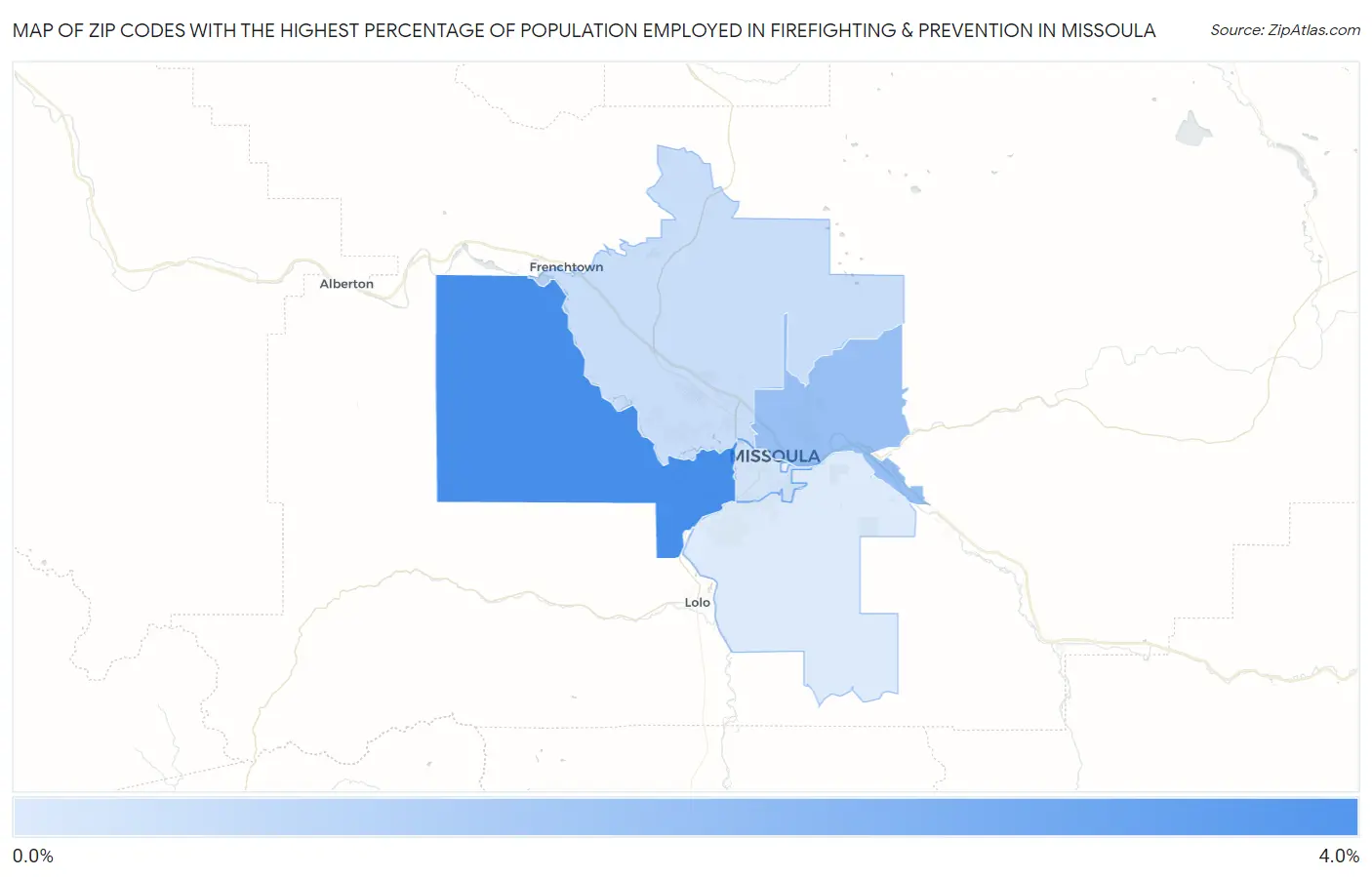Zip Codes with the Highest Percentage of Population Employed in Firefighting & Prevention in Missoula Map