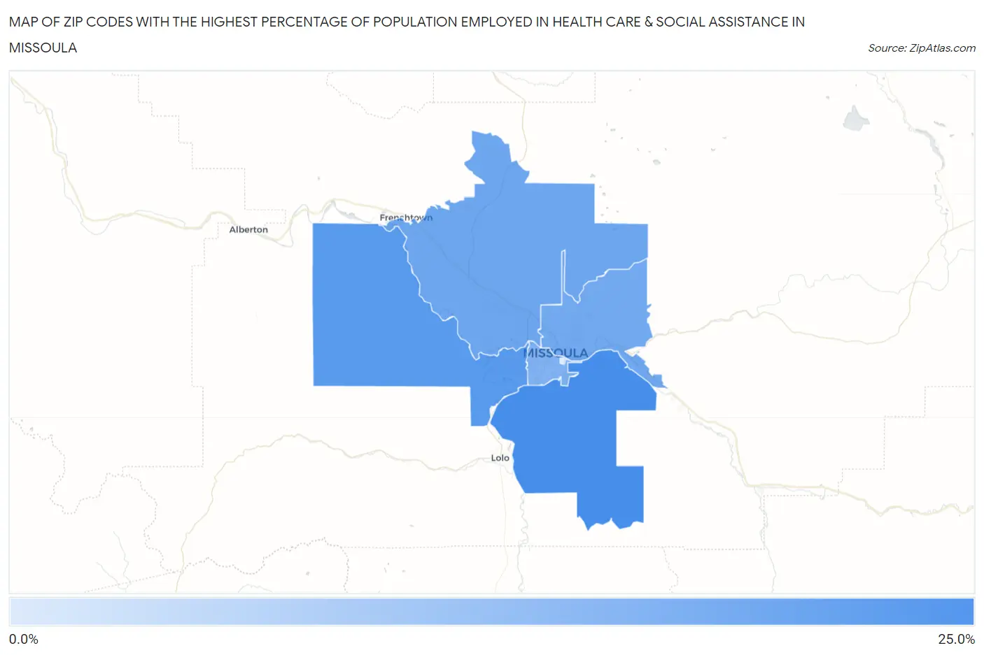 Zip Codes with the Highest Percentage of Population Employed in Health Care & Social Assistance in Missoula Map