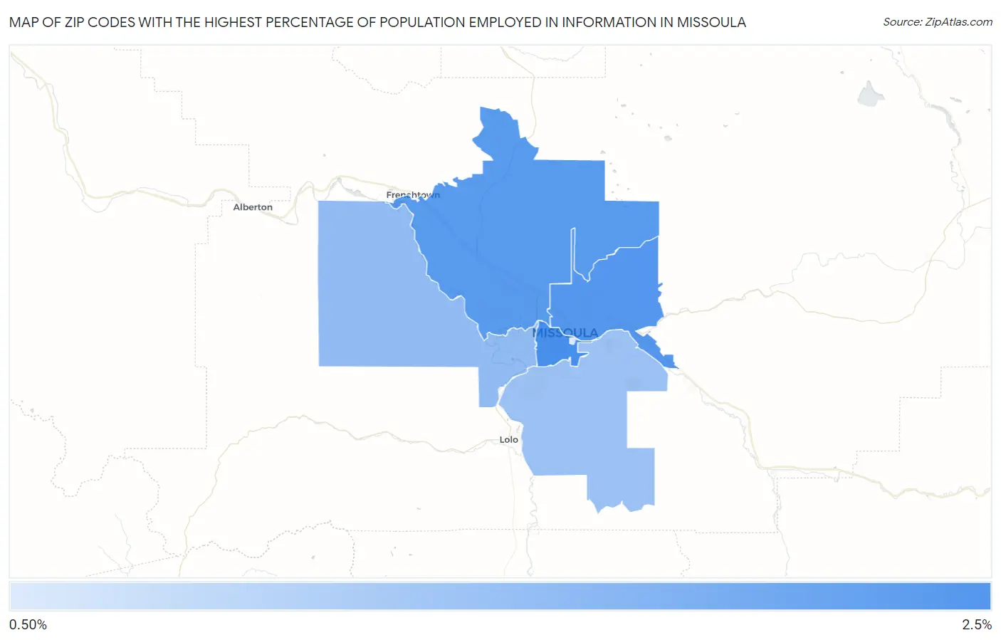 Zip Codes with the Highest Percentage of Population Employed in Information in Missoula Map
