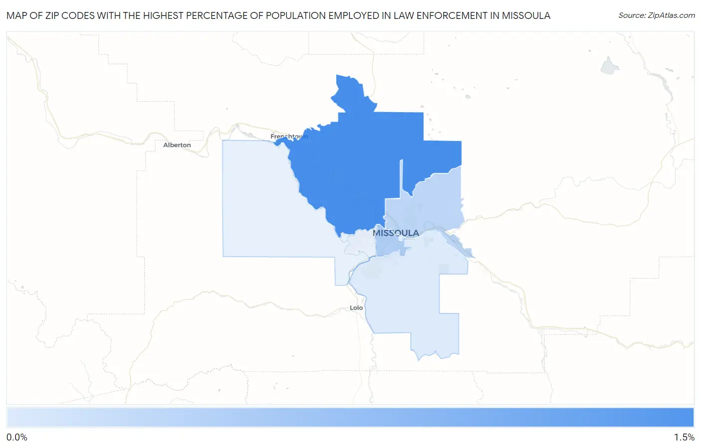 Zip Codes with the Highest Percentage of Population Employed in Law Enforcement in Missoula Map