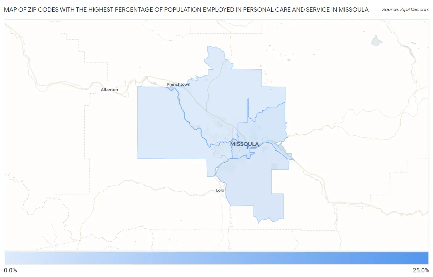 Zip Codes with the Highest Percentage of Population Employed in Personal Care and Service in Missoula Map