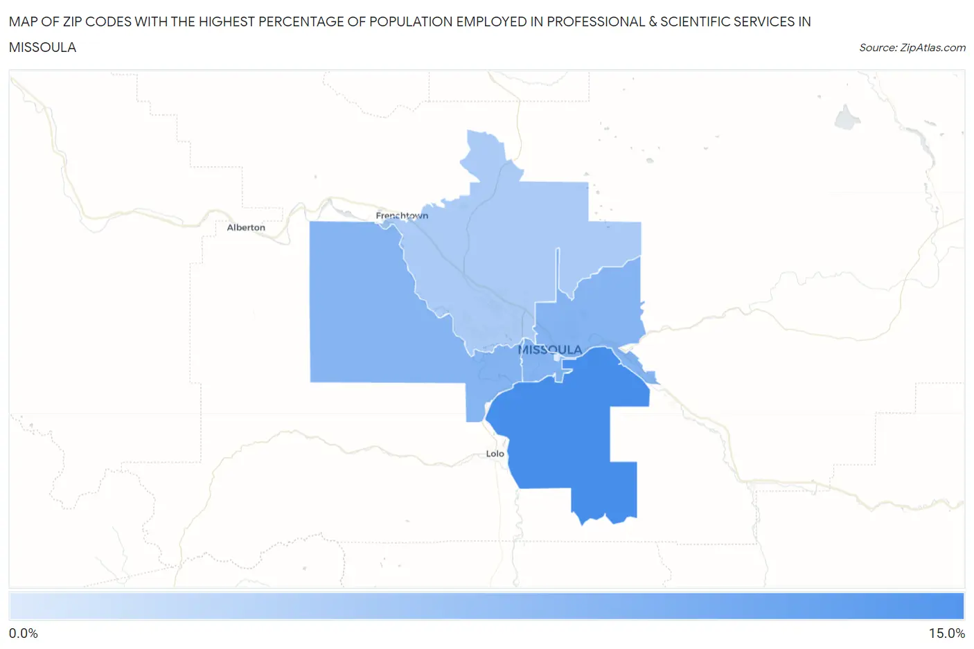 Zip Codes with the Highest Percentage of Population Employed in Professional & Scientific Services in Missoula Map