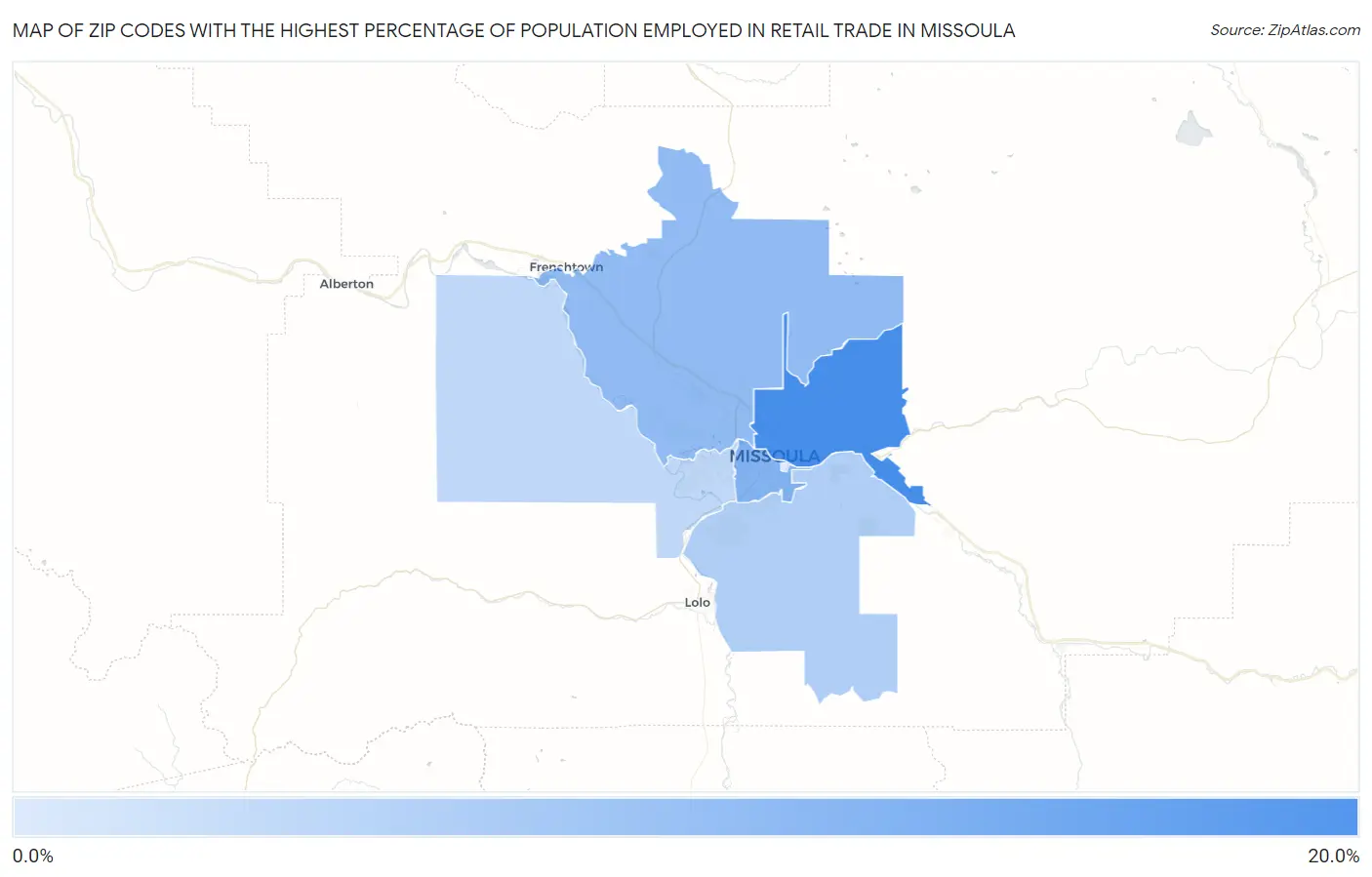Zip Codes with the Highest Percentage of Population Employed in Retail Trade in Missoula Map