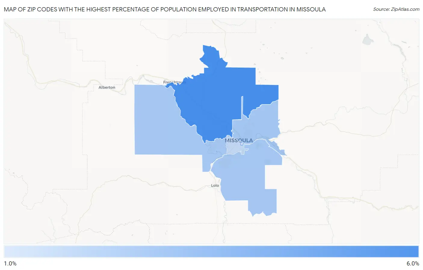 Zip Codes with the Highest Percentage of Population Employed in Transportation in Missoula Map