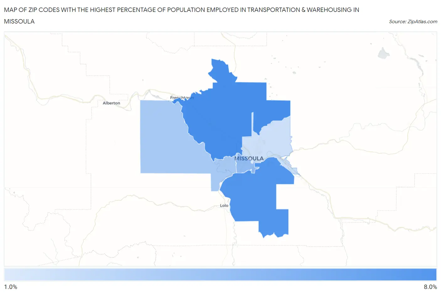 Zip Codes with the Highest Percentage of Population Employed in Transportation & Warehousing in Missoula Map