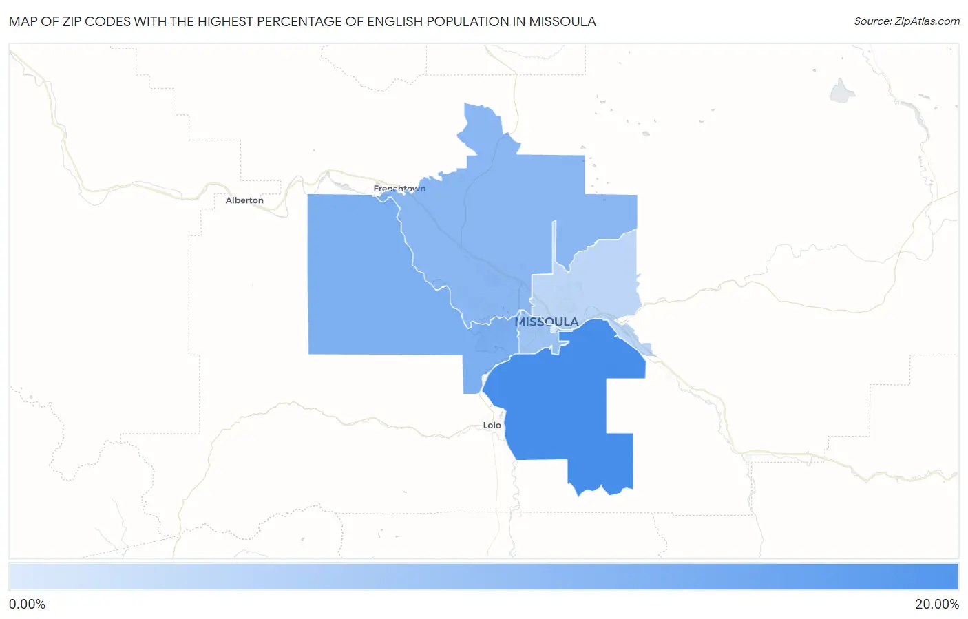 Zip Codes with the Highest Percentage of English Population in Missoula Map