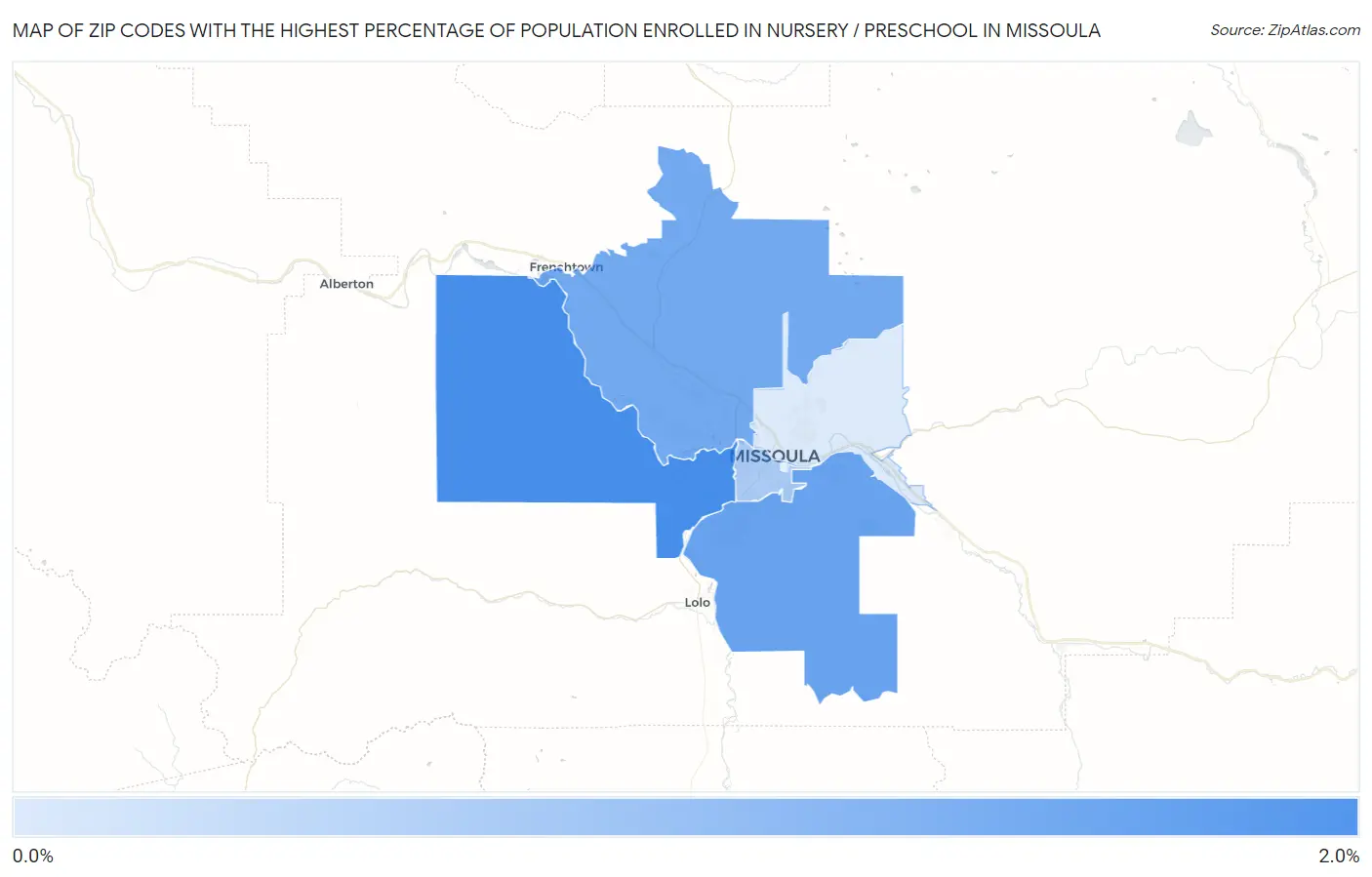 Zip Codes with the Highest Percentage of Population Enrolled in Nursery / Preschool in Missoula Map