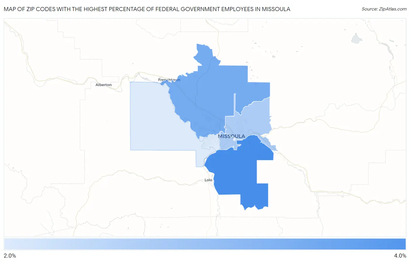Zip Codes with the Highest Percentage of Federal Government Employees in Missoula Map