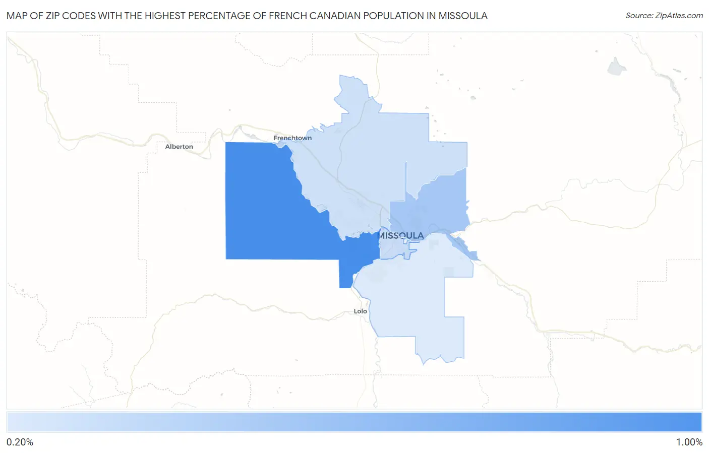 Zip Codes with the Highest Percentage of French Canadian Population in Missoula Map