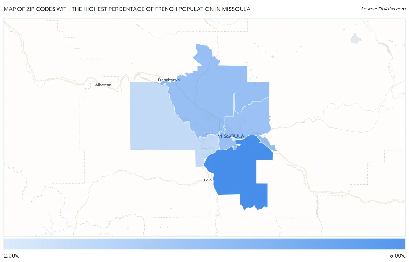 Zip Codes with the Highest Percentage of French Population in Missoula Map