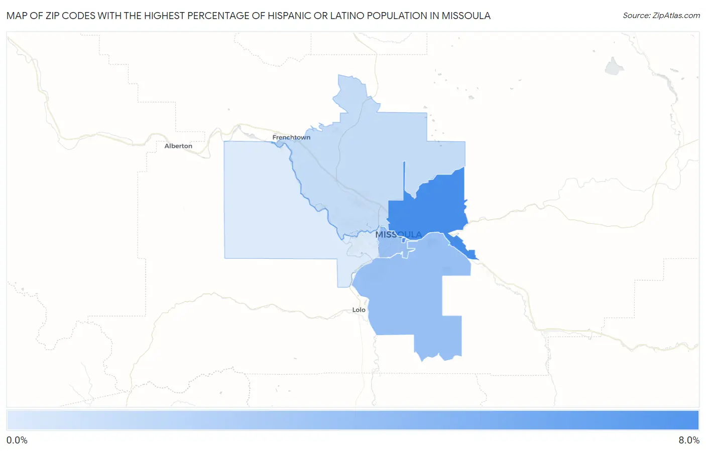 Zip Codes with the Highest Percentage of Hispanic or Latino Population in Missoula Map