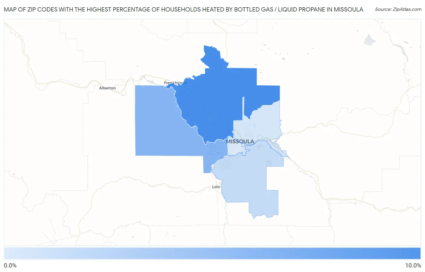 Zip Codes with the Highest Percentage of Households Heated by Bottled Gas / Liquid Propane in Missoula Map
