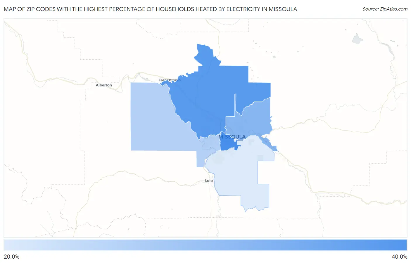 Zip Codes with the Highest Percentage of Households Heated by Electricity in Missoula Map