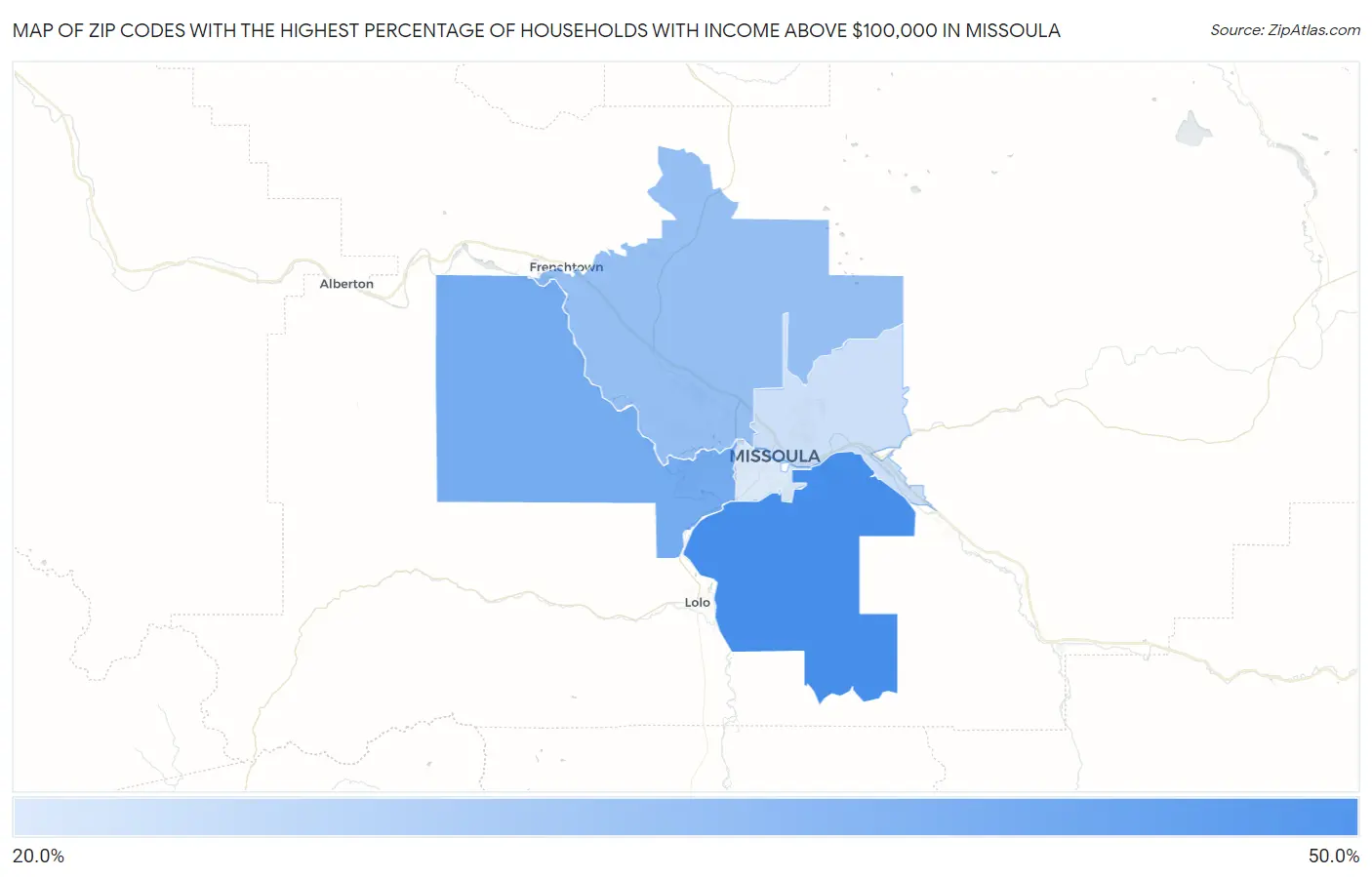 Zip Codes with the Highest Percentage of Households with Income Above $100,000 in Missoula Map