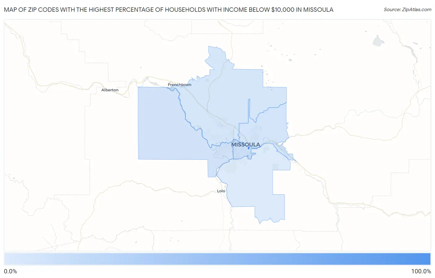 Zip Codes with the Highest Percentage of Households with Income Below $10,000 in Missoula Map