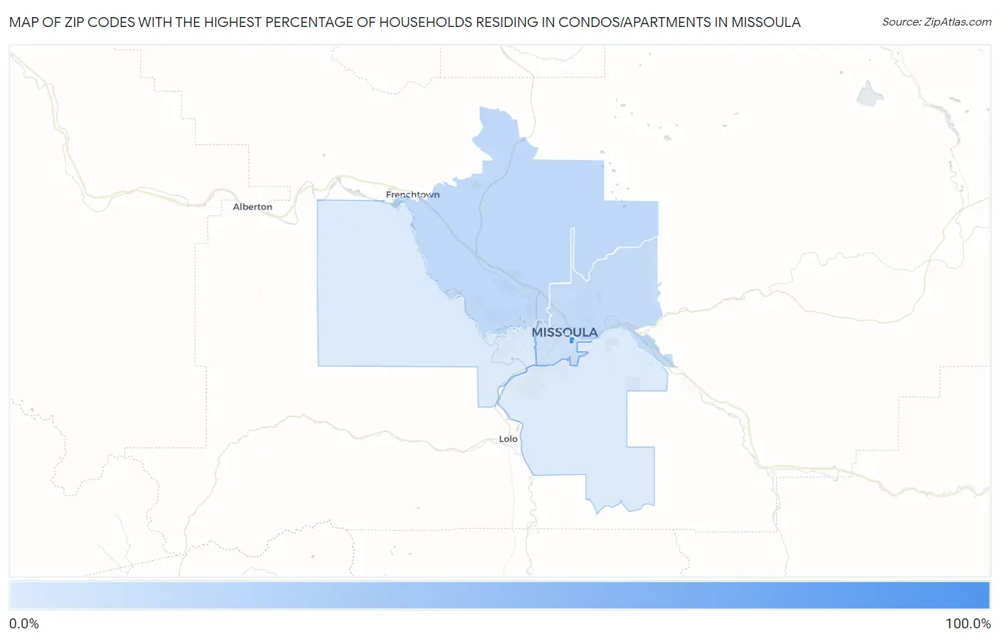 Zip Codes with the Highest Percentage of Households Residing in Condos/Apartments in Missoula Map