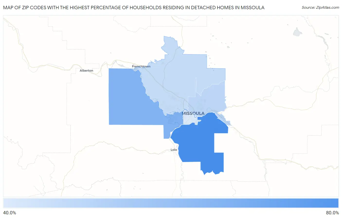Zip Codes with the Highest Percentage of Households Residing in Detached Homes in Missoula Map
